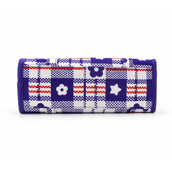 Structured rectangular retro plaid mini handbag with flower and star appliqués, silver star charm, and twin top handles