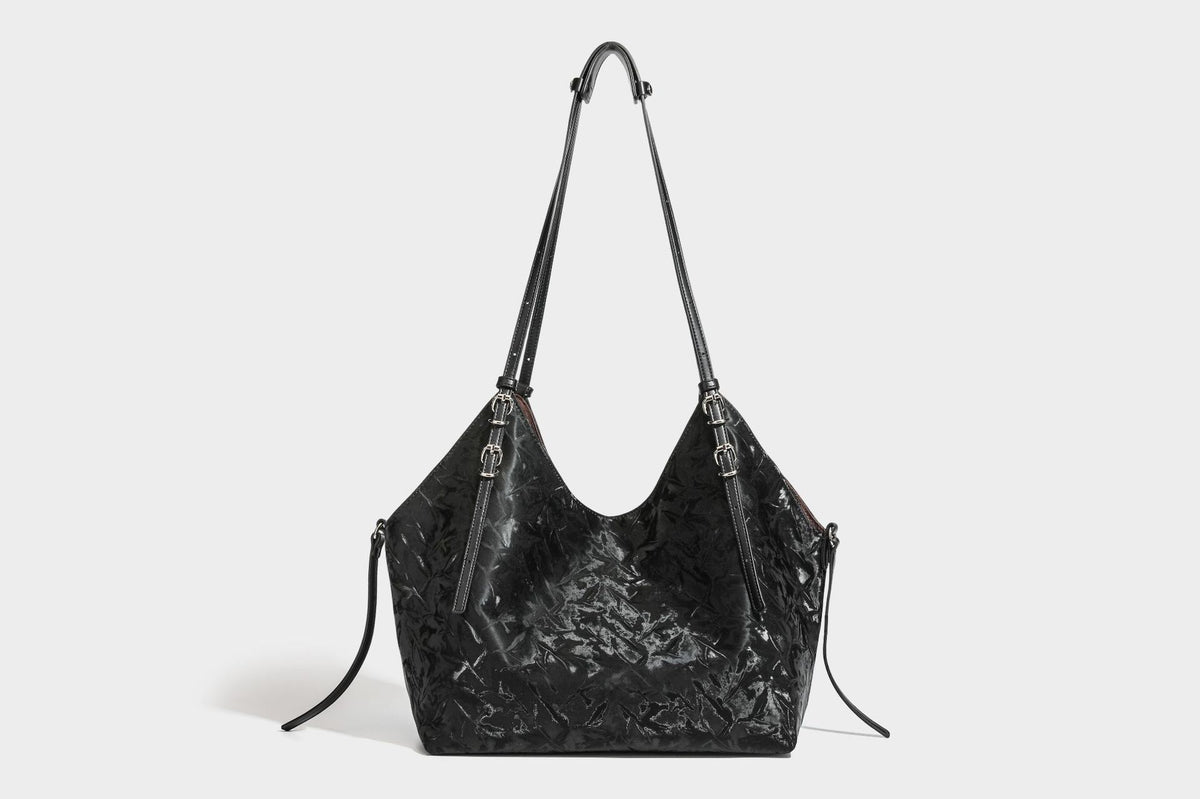 Slouchy crinkle-finish shoulder tote bag with silver hardware and attached zip pouch, detail view 23