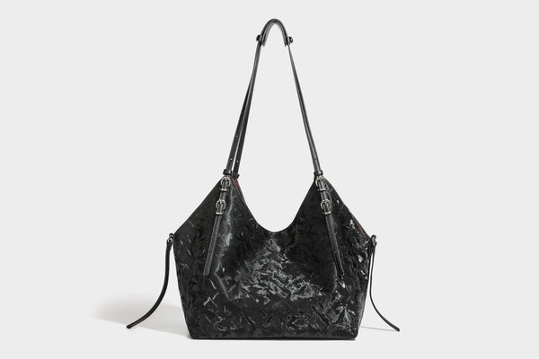 Slouchy crinkle-finish shoulder tote bag with silver hardware and attached zip pouch, detail view 23