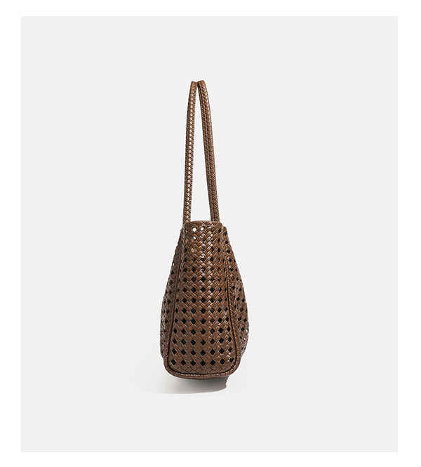 Slouchy open-lattice woven shoulder tote bag with long braided straps and matching zip pouch, detail view 12