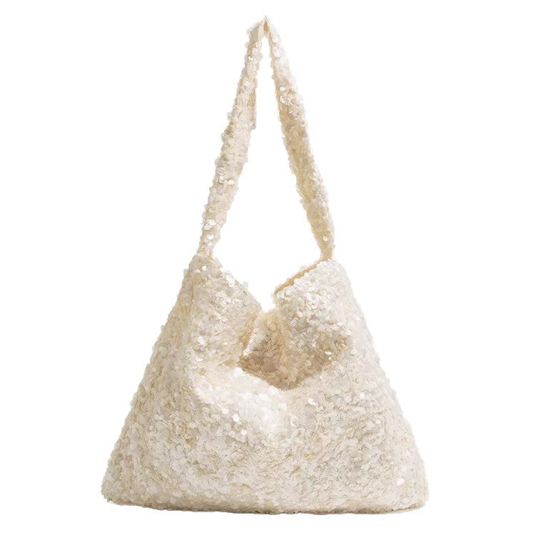 Slouchy all-over sequin shoulder tote bag with single strap and open top, detail view 5