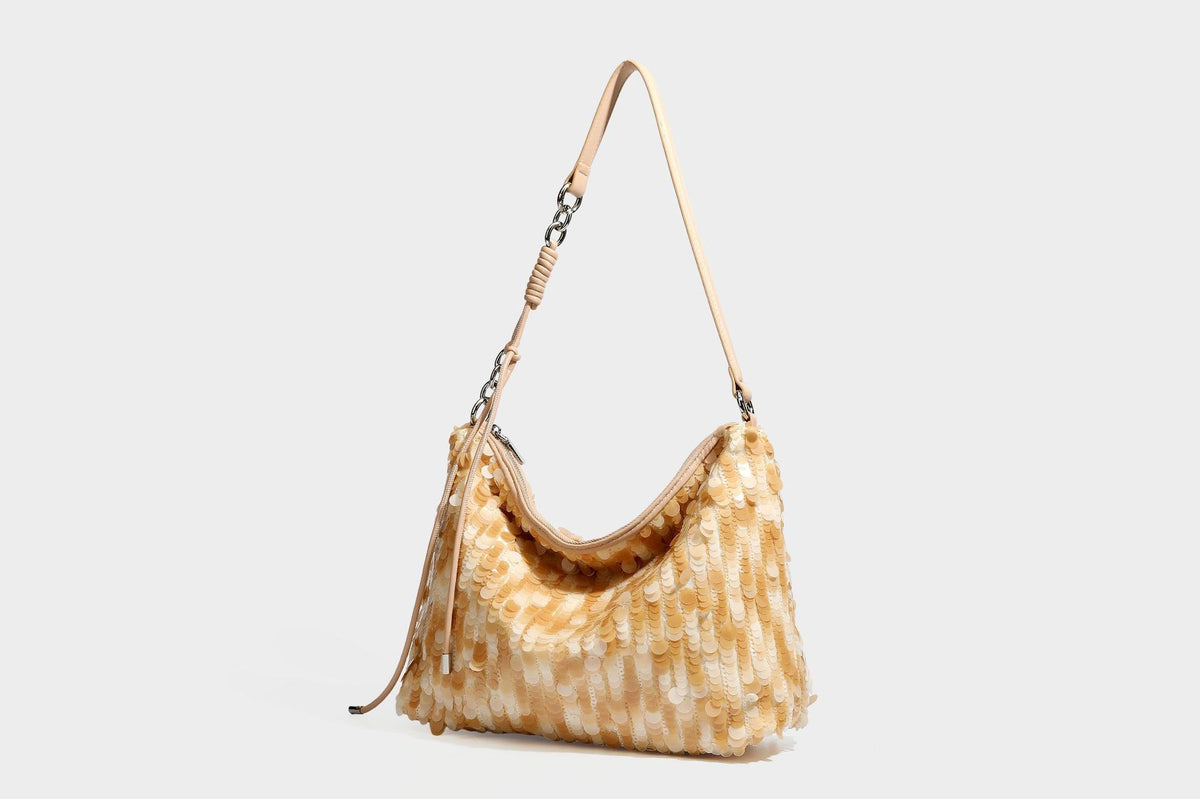 Slouchy paillette sequin hobo shoulder bag with zip closure and adjustable leather-look strap with silver chain hardware