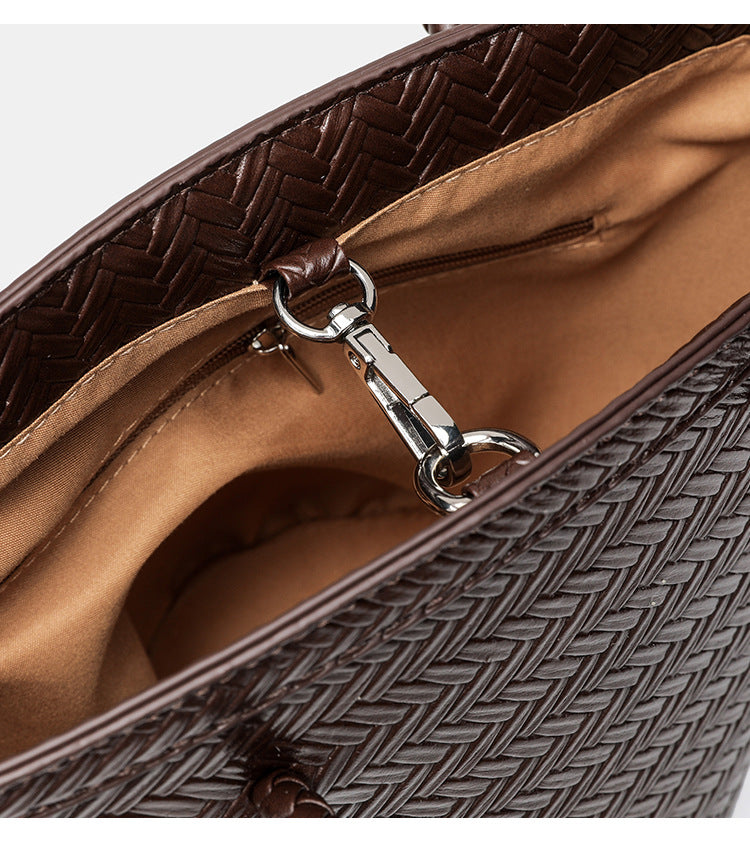 Woven herringbone-texture bucket bag with braided rope shoulder strap in dark brown, detail view 21