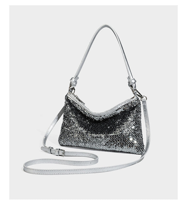 Small sequin hobo shoulder bag with knotted strap and zip closure, detail view 12