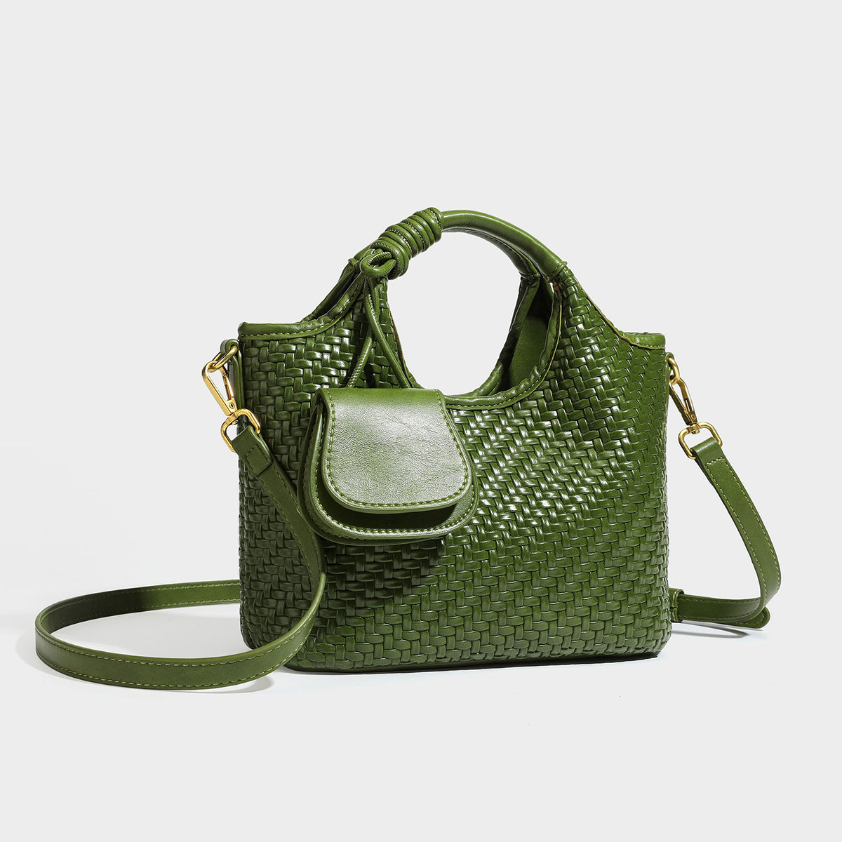 Woven leather-look tote bag in mocha brown with knotted top handle, front flap pocket, and detachable crossbody strap with