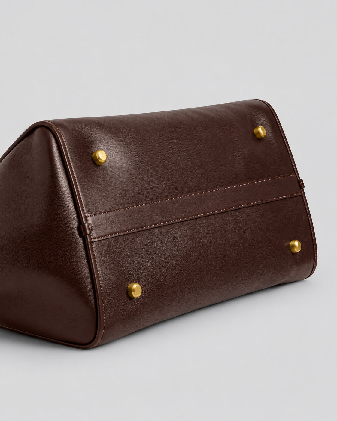 Structured leather-look tote bag with three gold-tone turn-lock closures and double rolled top handles, detail view 17