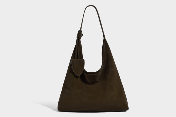 Slouchy oversized matte suede-look shoulder tote bag with knotted strap and attached front flap pouch, detail view 16