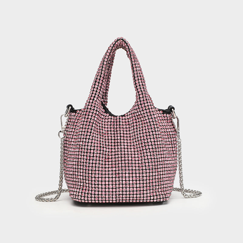 Small all-over rhinestone crystal bucket bag with twin handles and detachable chain shoulder strap, detail view 10