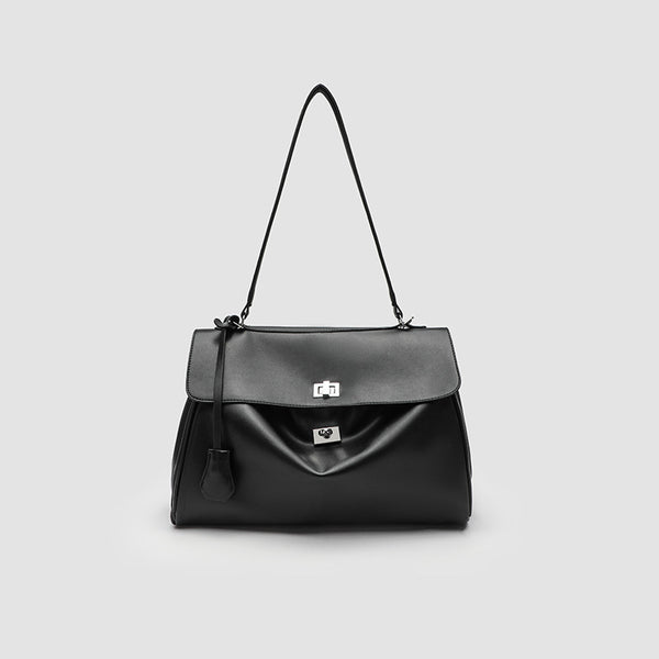 Structured black leather-look flap satchel bag with silver turn-lock hardware and top handle, detail view 8