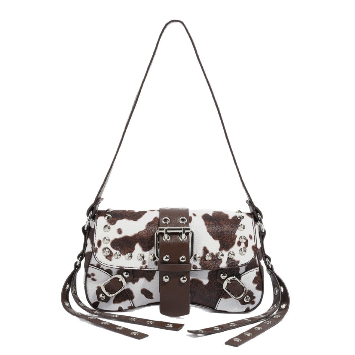 Mini square cow-print leather-look shoulder bag with metal stud hardware and dual carry straps, detail view 5