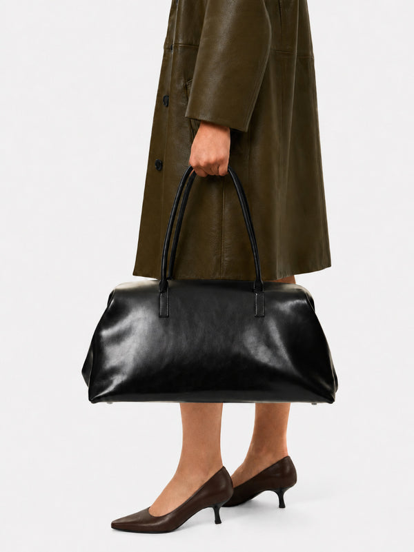 Large structured black Boston tote bag with double shoulder handles and full-length front zipper compartment, detail view 14