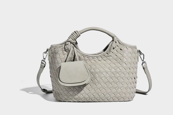 Wandelbare Tote-Schultertasche aus mattem Webmaterial mit geknoteten Tragegriffen, Vordertasche mit Klappe und abnehmbarem Schulterriemen, Detailansicht 22