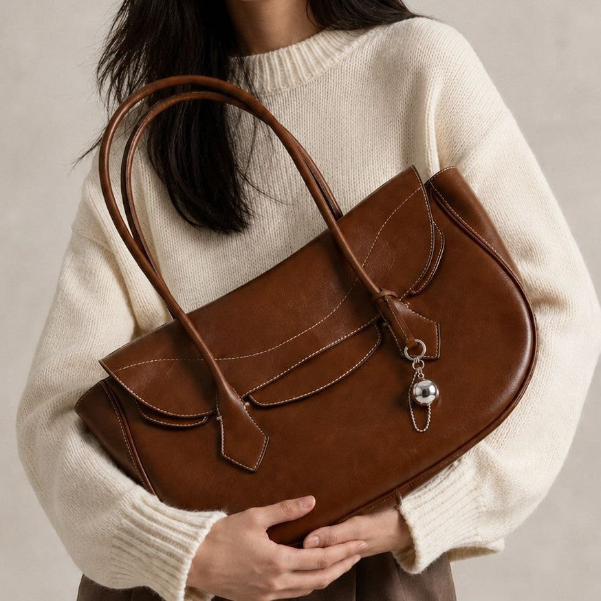 Large winged leather-look tote bag with single arched handle, stitched flap-front panel, and silver ball charm in cognac