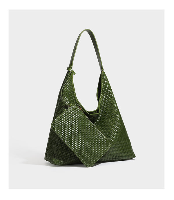 Slouchy woven leather-look hobo tote bag in brown with detachable zip pouch and gold-tone hardware, detail view 20