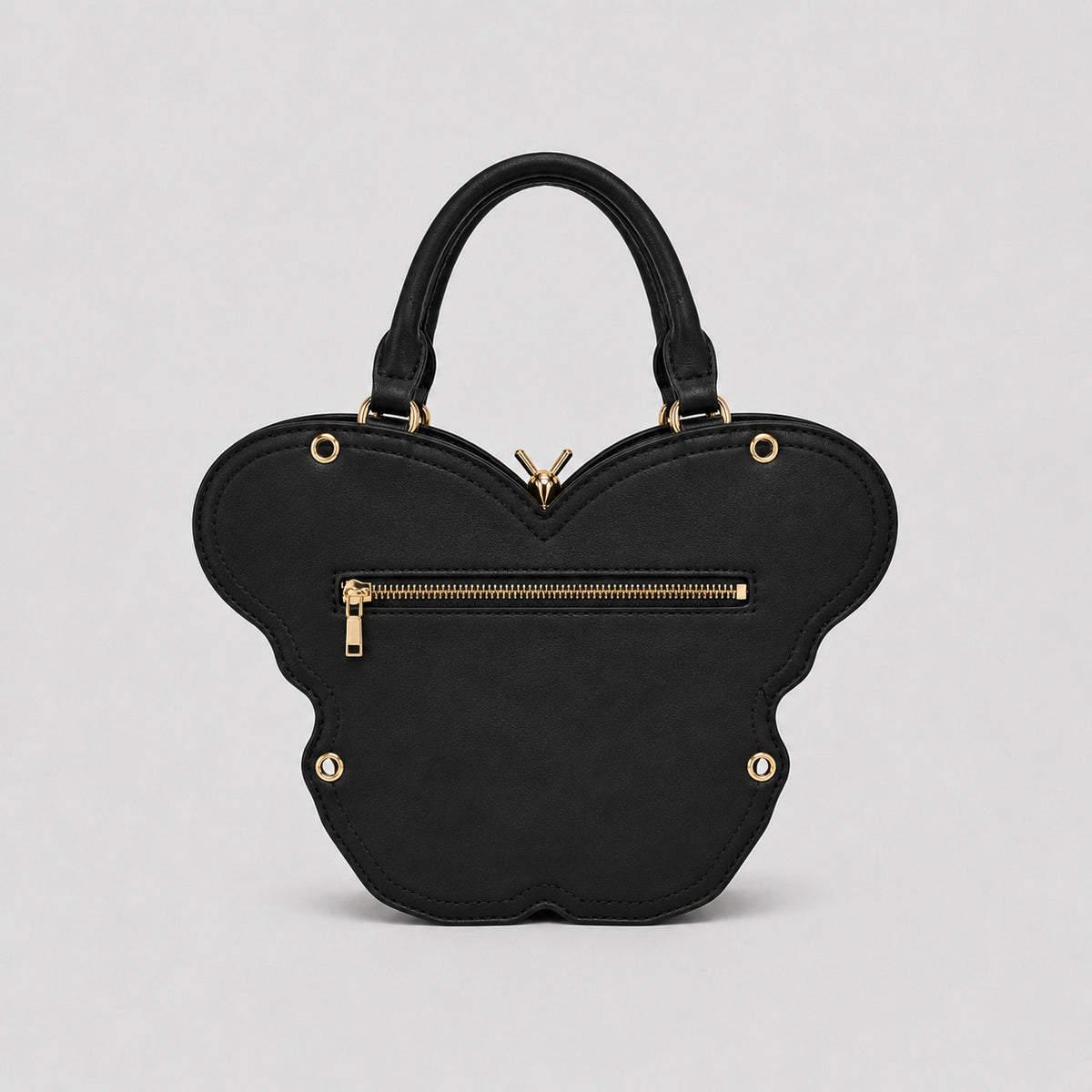Schwarze Handtasche in Schmetterlingsform mit rosafarbenem Flügelprint und goldfarbenem, skulpturalem Schmetterlingskörper als Zipper, Detailansicht 16
