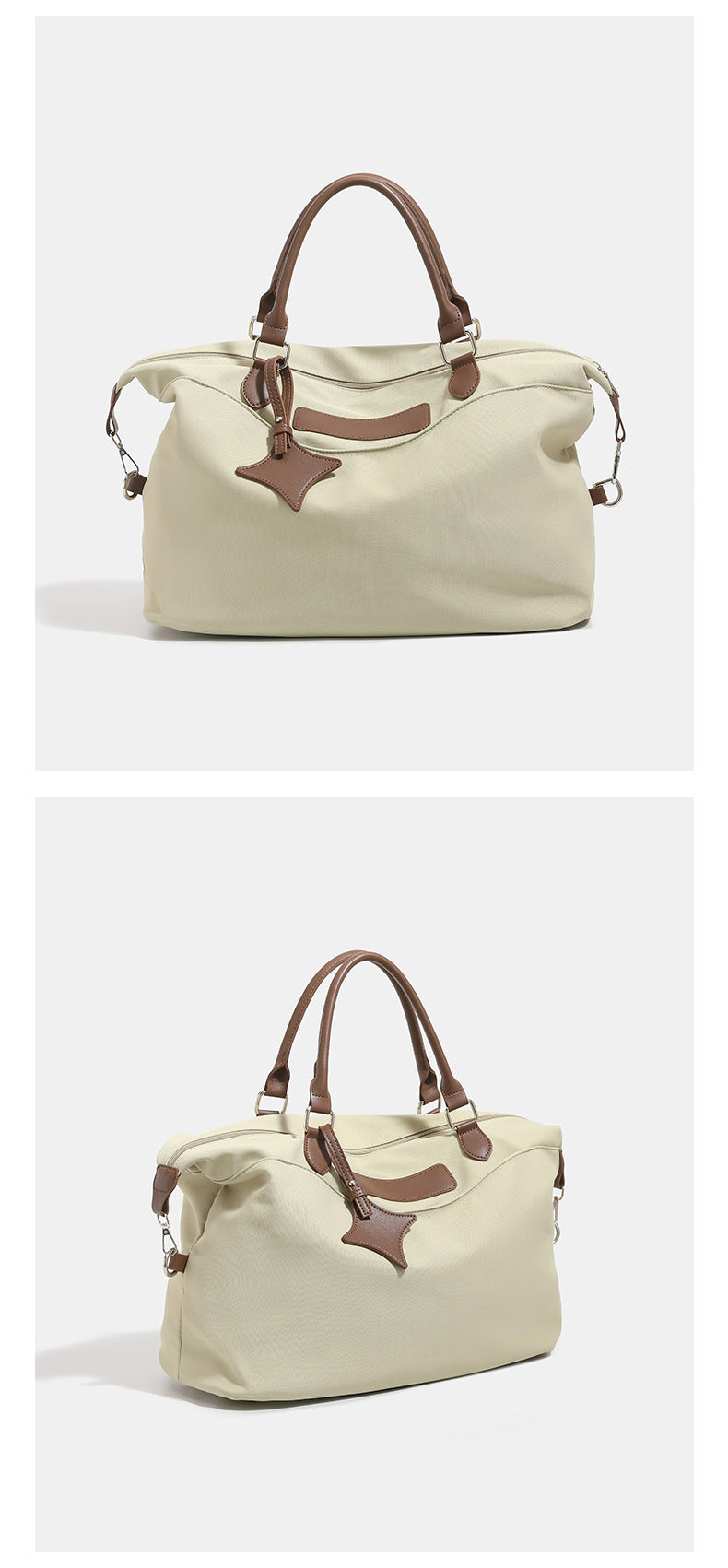 Large slouchy nylon tote bag with brown leather-look handles, double-pull zip closure, and star charm detail, detail view 10