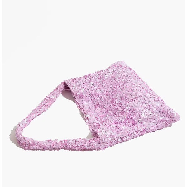Slouchy all-over sequin shoulder tote bag with single strap and open top, detail view 4
