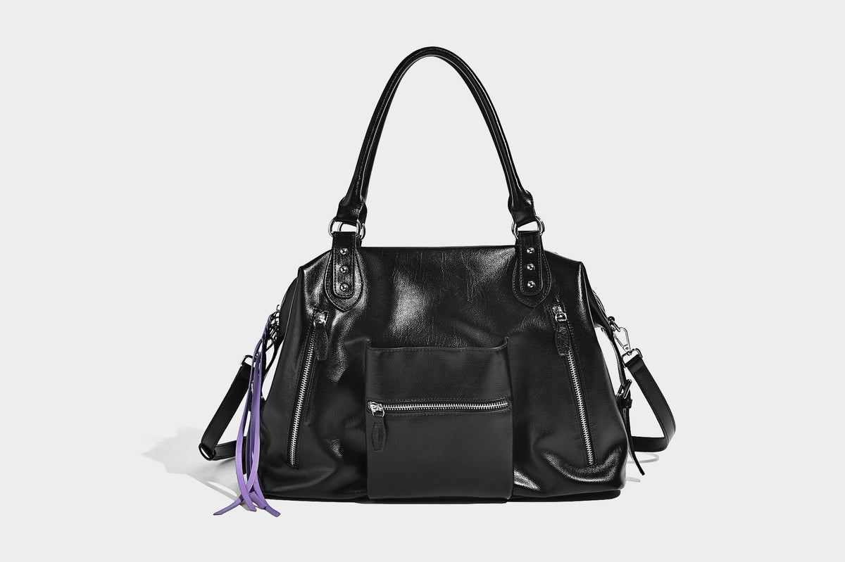 Glänzende strukturierte Tote-Henkeltasche mit zwei Tragegriffen, abnehmbarem Crossbody-Riemen, Reißverschlusstaschen auf der Vorderseite und silberfarbenen Beschlägen