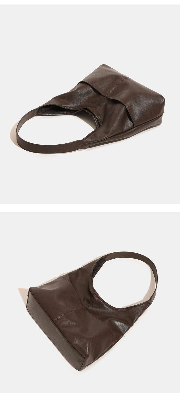 Oversized slouchy hobo tote bag in dark brown smooth matte leather-look finish with long flat shoulder strap and panelled