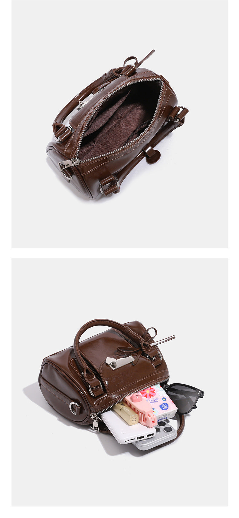 Kleine, formstabile Glanzledertasche mit zwei Henkeln, vorderer Klappentasche, herzförmigem Charm-Verschluss und silberfarbenem