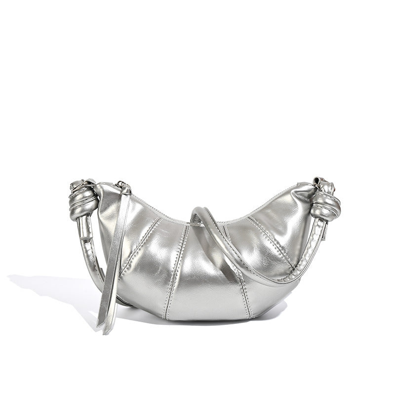Pleated half-moon crossbody bag with knotted shoulder strap, detail view 5