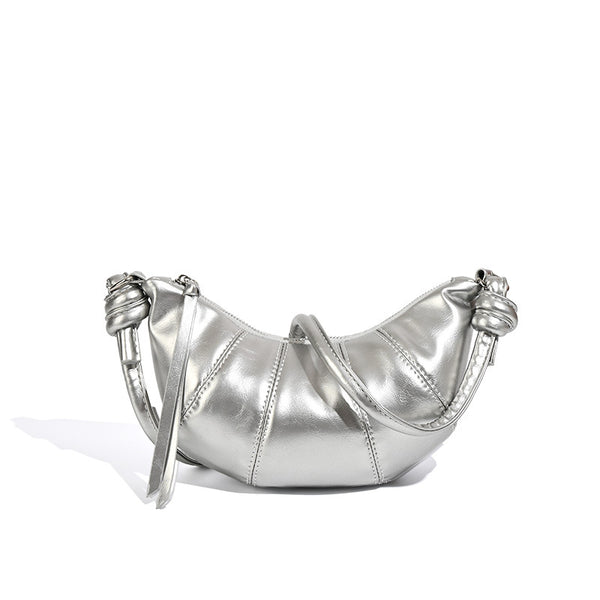 Pleated half-moon crossbody bag with knotted shoulder strap, detail view 5