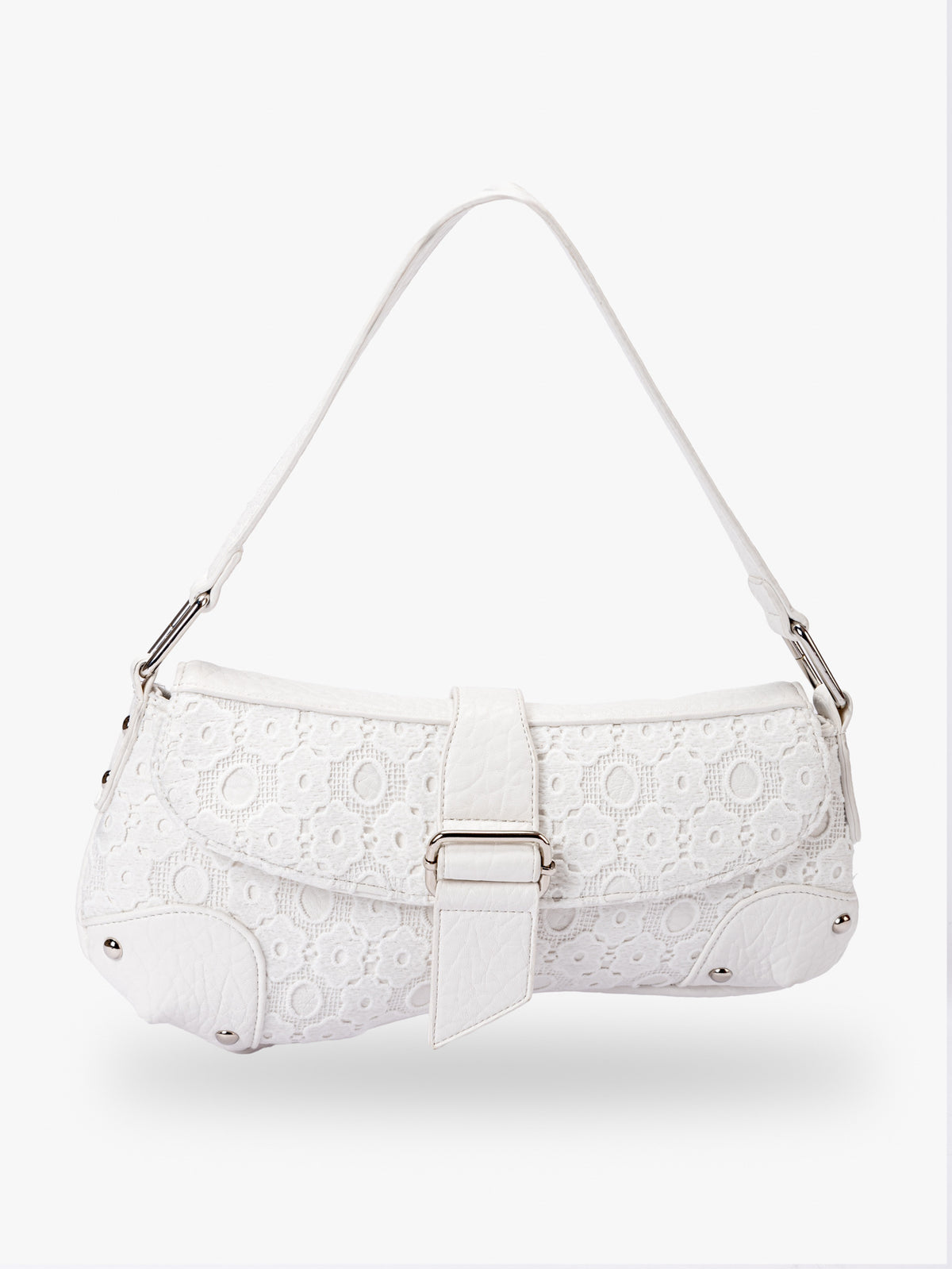 Small washed leopard print shoulder bag in blue-grey with silver buckle strap and stud accents, detail view 24