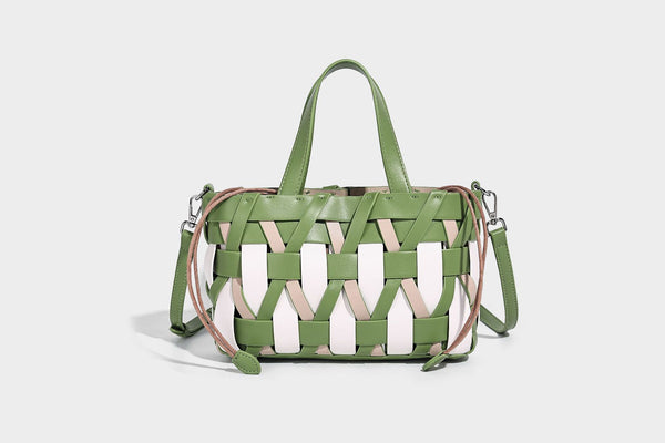 Small structured woven lattice tote bag with dual top handles and detachable shoulder strap in brown and cream leather-look