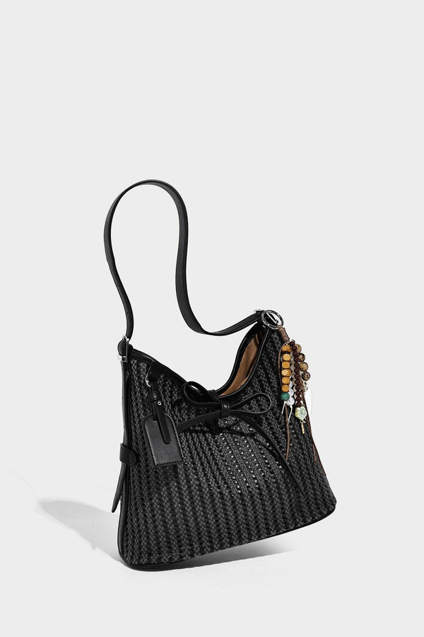 Slouchy open-weave shoulder tote bag with leather-look tan trim, tie-front closure, and long adjustable strap, detail view 12