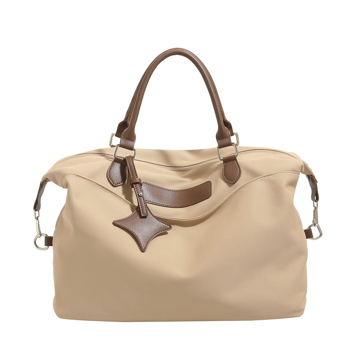 Large slouchy nylon tote bag with brown leather-look handles, double-pull zip closure, and star charm detail, detail view 5