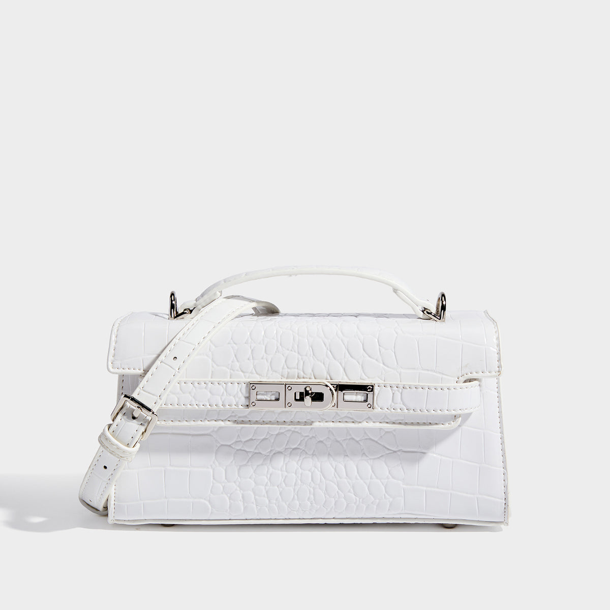 Compact structured flap satchel with glossy crocodile-embossed leather-look finish, silver-tone turn-lock hardware, and