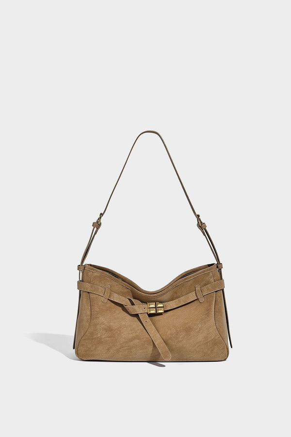 Strukturierte Umhängetasche in matter Lederoptik mit vorderem Riemen und quadratischem Verschluss in Goldoptik, Detailansicht 15
