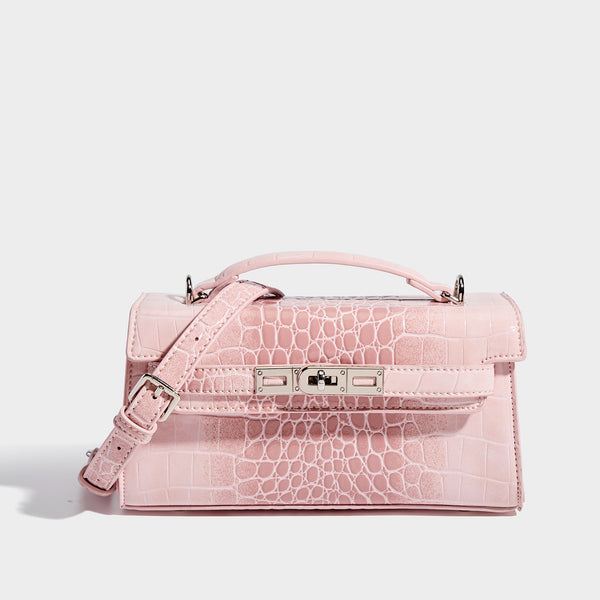 Compact structured flap satchel with glossy crocodile-embossed leather-look finish, silver-tone turn-lock hardware, and
