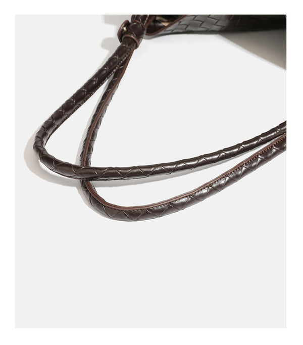 Slouchy woven leather-look hobo shoulder bag with braided strap and open top, detail view 18