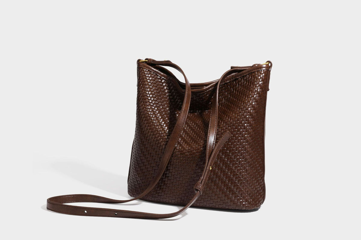 Woven-look slouchy hobo shoulder bag in brown with attached mini pouch and gold-tone hardware, detail view 37