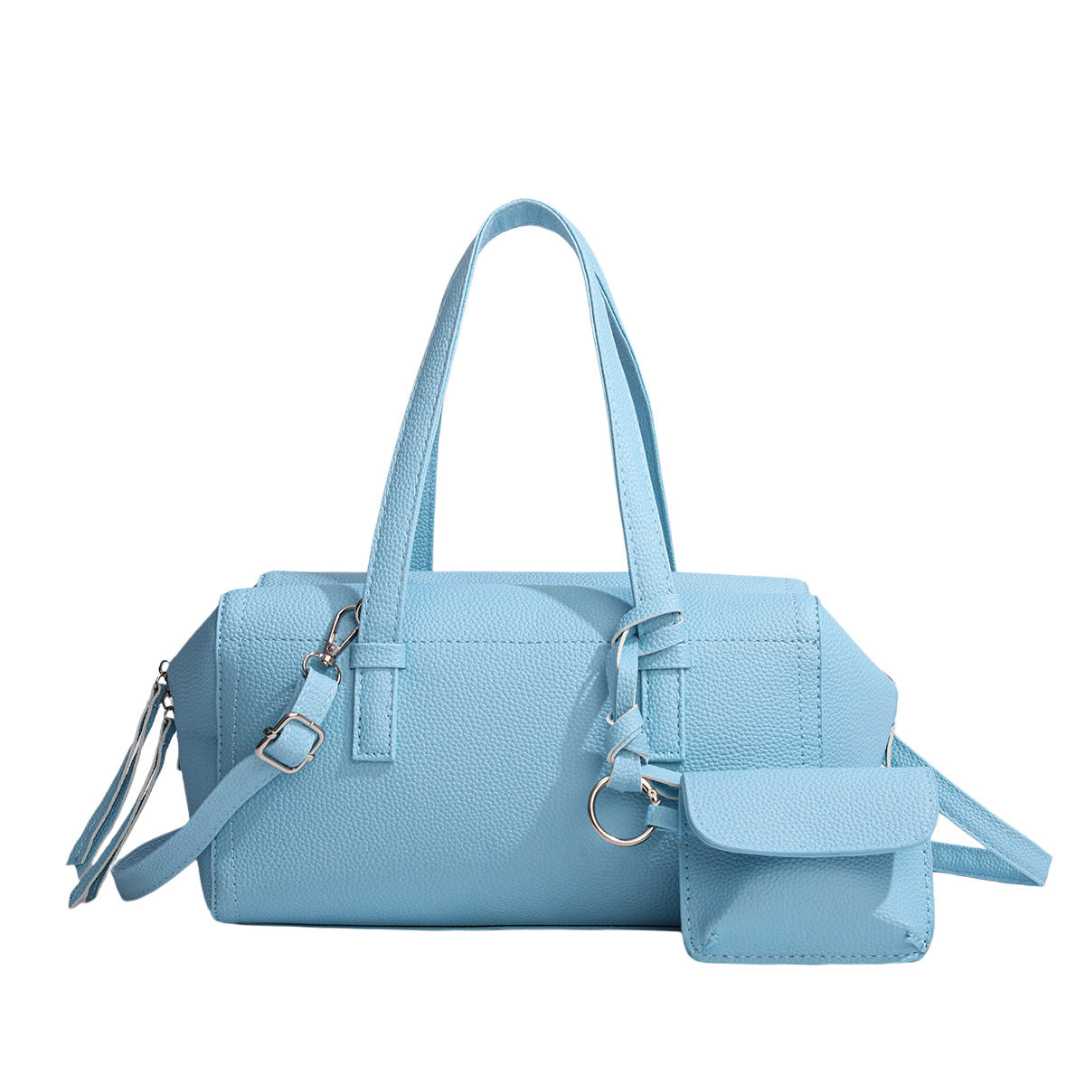 Light blue pebbled matte Boston tote bag with top handles, detachable shoulder strap, metal ring hardware, and matching mini