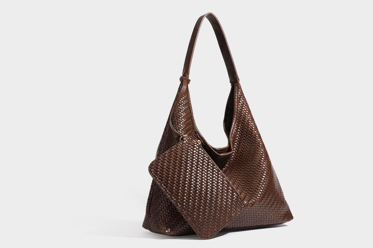 Slouchy woven leather-look hobo tote bag in brown with detachable zip pouch and gold-tone hardware, detail view 31