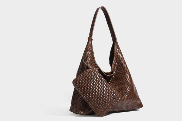 Slouchy woven leather-look hobo tote bag in brown with detachable zip pouch and gold-tone hardware, detail view 31
