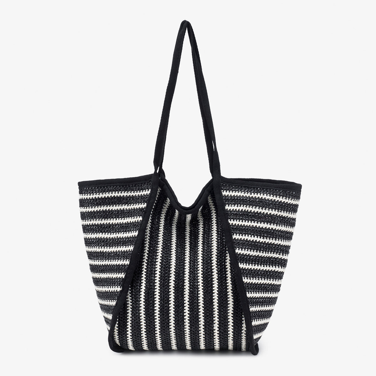 Große gewebte Tote-Bag mit schwarz-weißen Streifen, offenem oberen Abschluss und langen Schulterriemen, Detailansicht 6