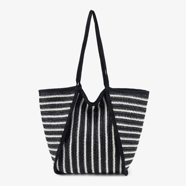 Große gewebte Tote-Bag mit schwarz-weißen Streifen, offenem oberen Abschluss und langen Schulterriemen, Detailansicht 6