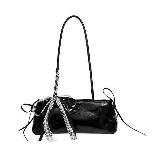 Compact glossy leather-look shoulder bag with lace bow and ribbon trim, detail view 5