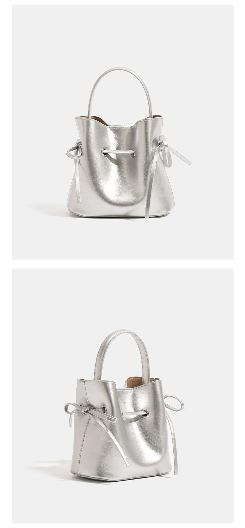 Compact glossy leather-look bucket bag with drawstring bow-tie closure, rounded top handle, and silver-tone grommet hardware