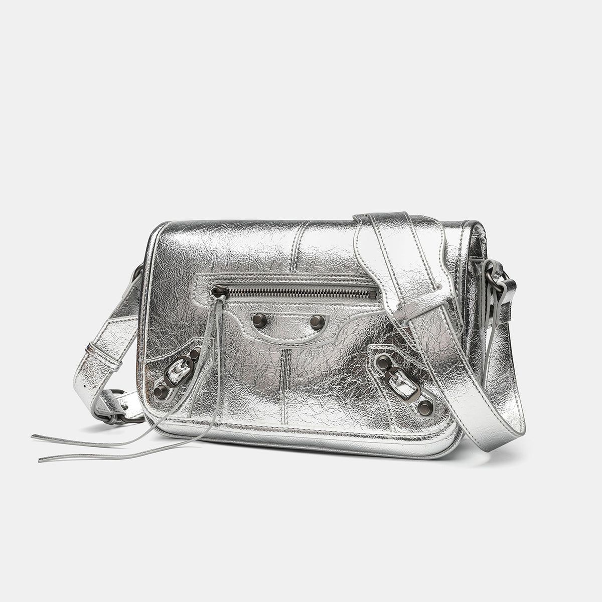 Small structured rectangular crossbody bag with crinkle leather-look finish, front zip pocket, gunmetal stud hardware, and