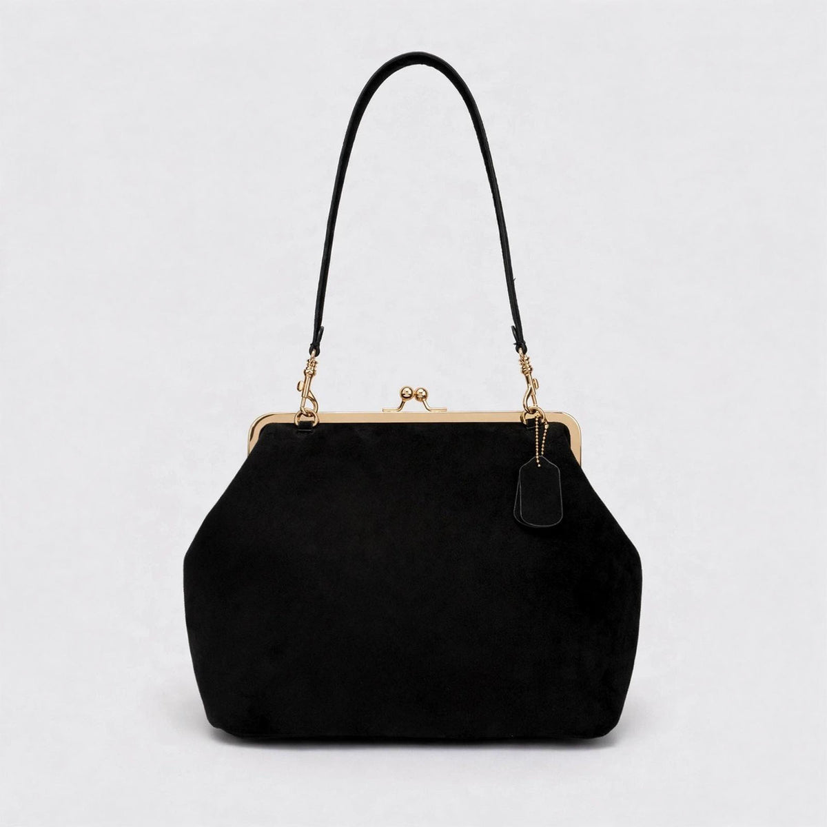 Large matte suede-look kiss-lock frame handbag with gold-tone hardware and detachable shoulder strap, detail view 11