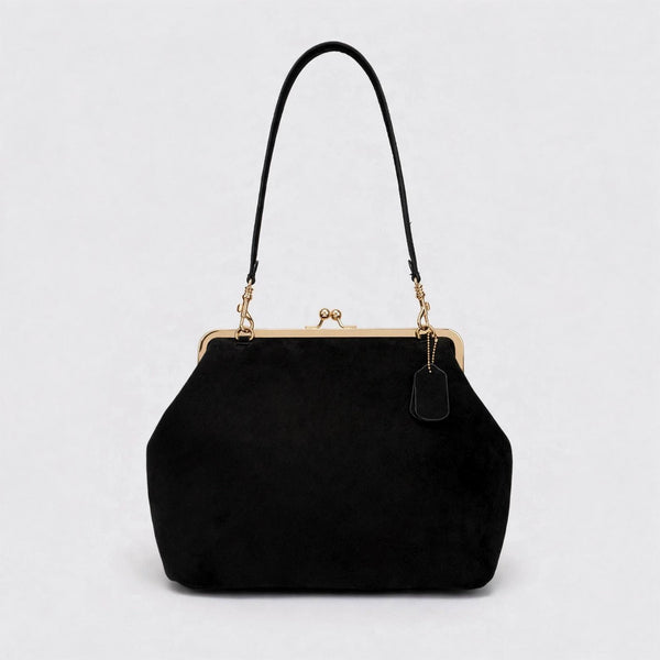 Large matte suede-look kiss-lock frame handbag with gold-tone hardware and detachable shoulder strap, detail view 11