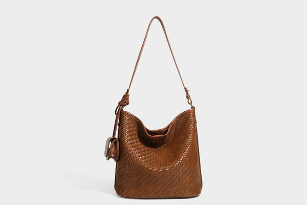 Woven-look slouchy hobo shoulder bag in brown with attached mini pouch and gold-tone hardware, detail view 42