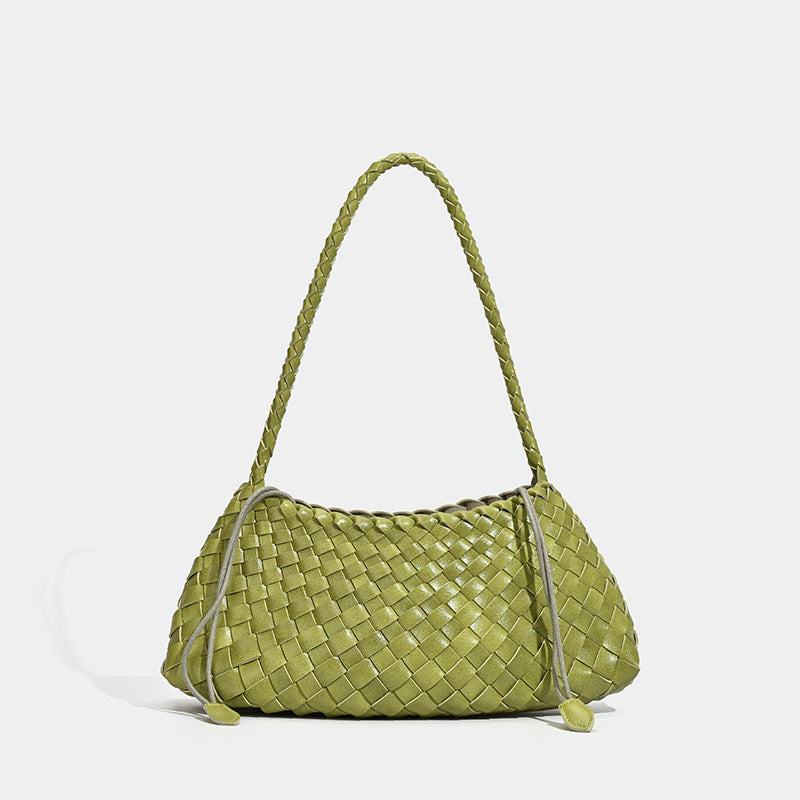 Soft woven shoulder bag with braided strap and drawstring top in olive green, detail view 6