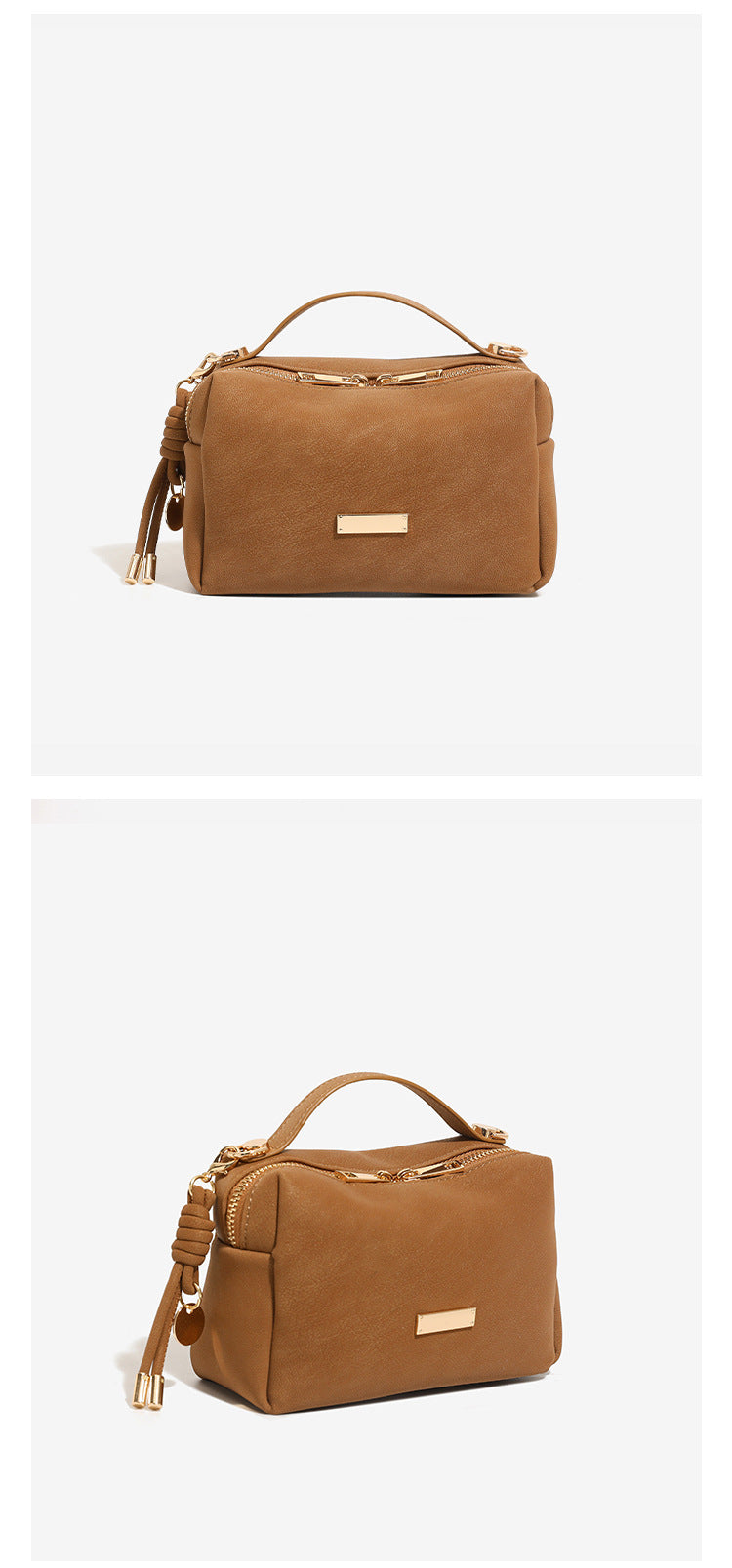 Compact boxy mini handbag with matte pebbled finish, dual top zipper, short top handle, side tassel charm, and gold-tone