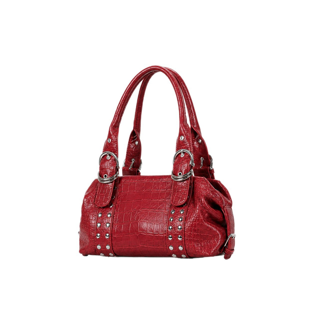 Croc-embossed leather-look barrel satchel bag with silver ring buckle hardware and stud panel trim, detail view 5