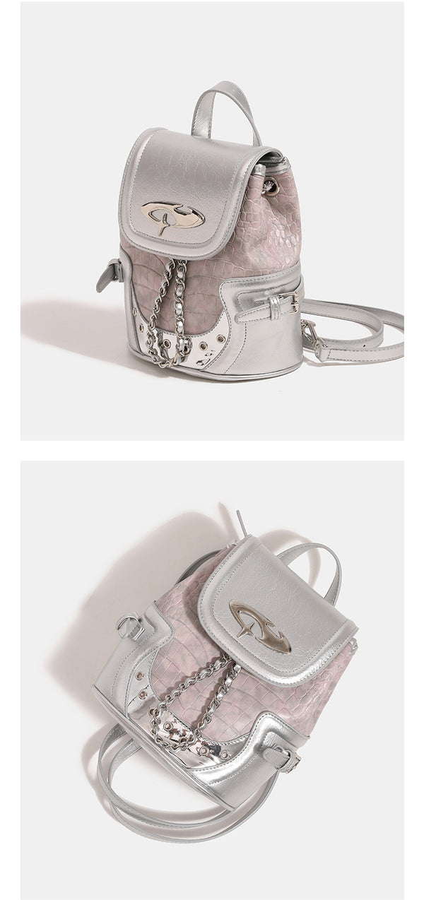 Croc-embossed mini backpack with silver metallic leather-look trim, decorative chain, and metal logo clasp, detail view 12